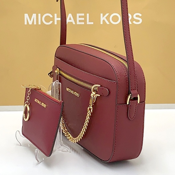 MICHAEL KORS LARGE EW ZIP CHAIN CROSSBODY DARK CHERRY & SM  TZ COINPOUCH MULBERR - Picture 4 of 16